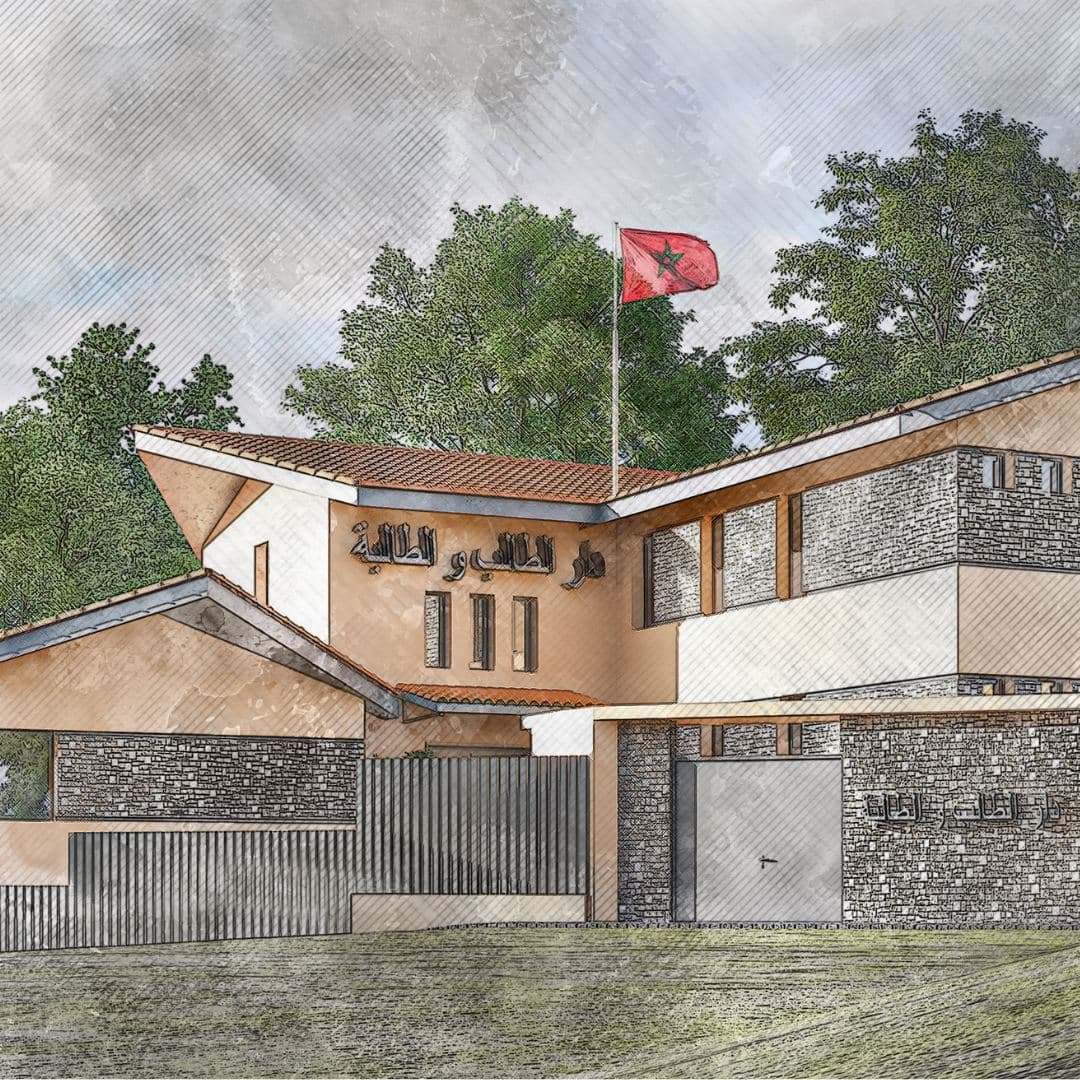 Esquisse d’un équipement, drapeau et pierre