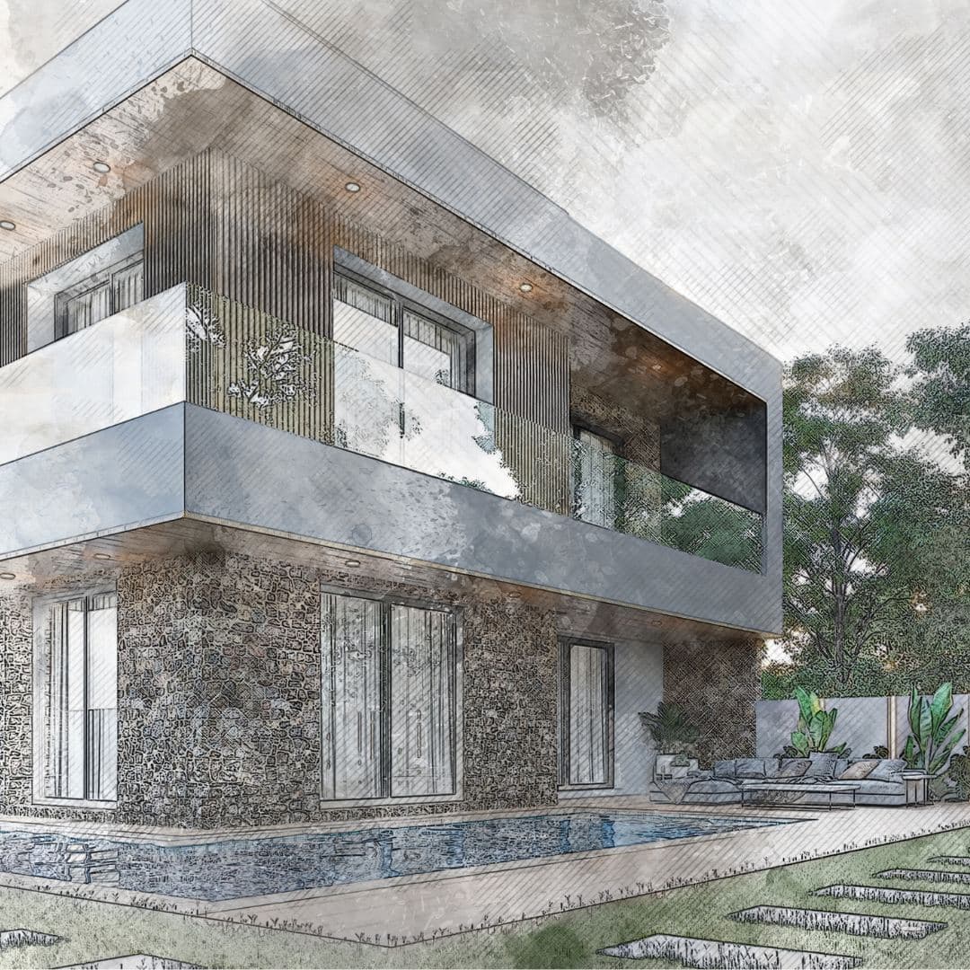 Esquisse d’une villa contemporaine et de son bassin